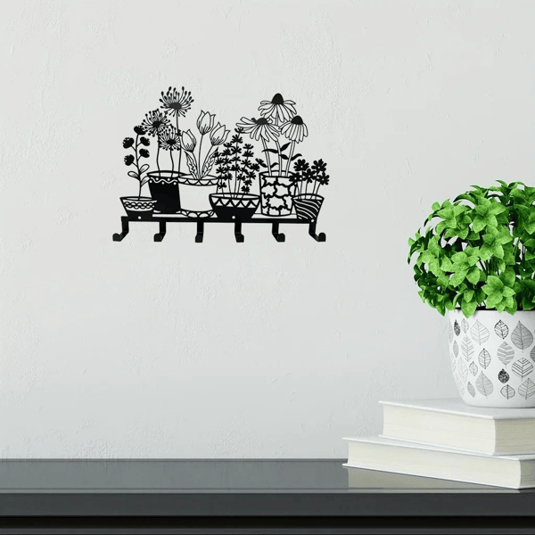 Minimalist Black Wall Key Holder with Shelf and Vase