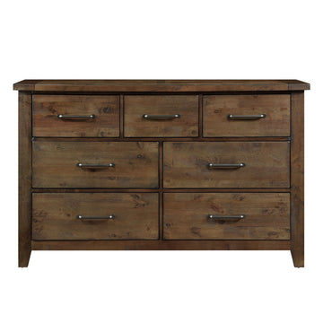 Classic Burnished Brown Dresser 1pc Solid Rubberwood 7 Drawers Transitional Design Bedroom