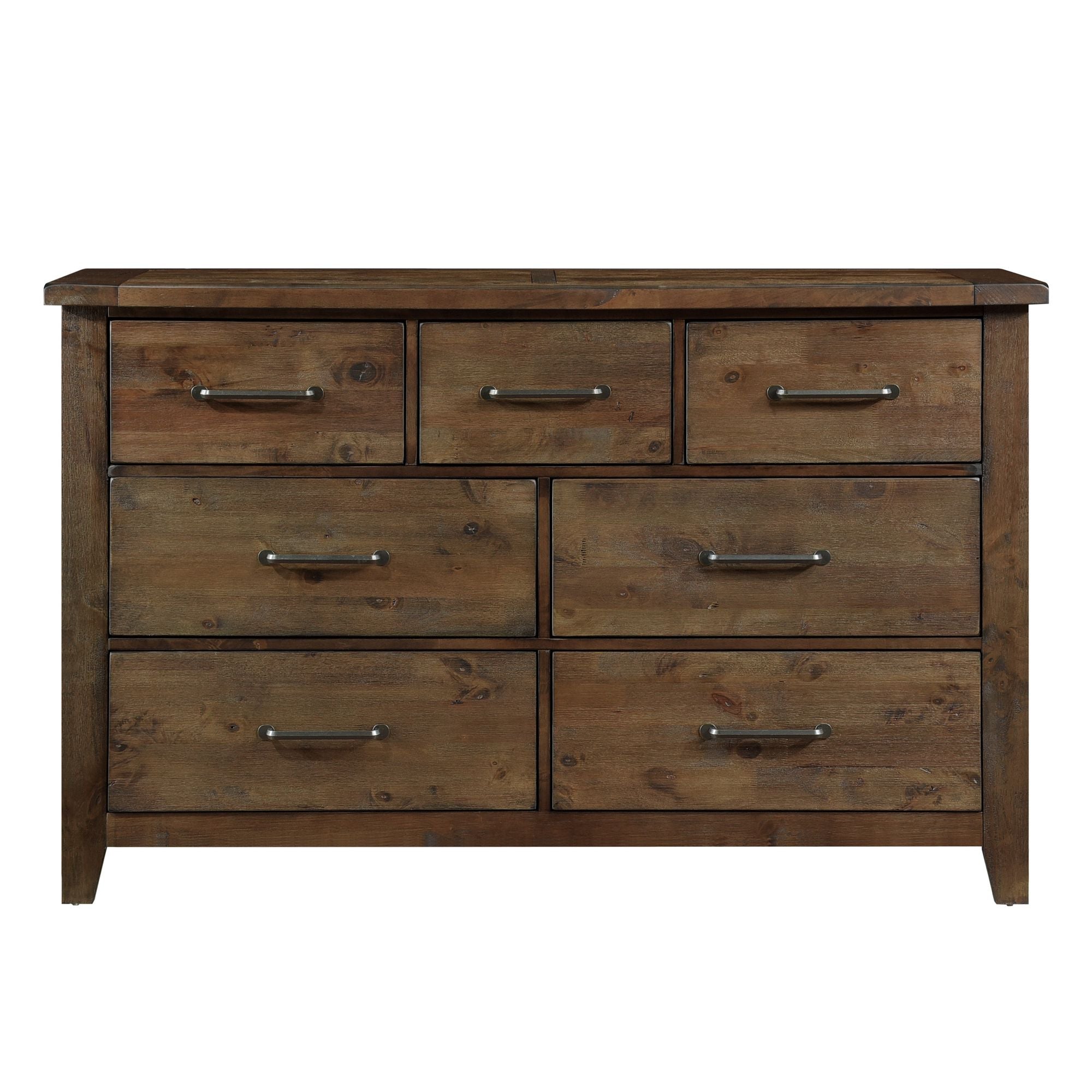 Classic Burnished Brown Dresser 1pc Solid Rubberwood 7 Drawers Transitional Design Bedroom