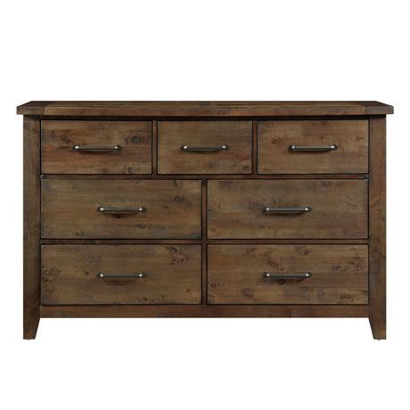 Classic Burnished Brown Dresser 1pc Solid Rubberwood 7 Drawers Transitional Design Bedroom