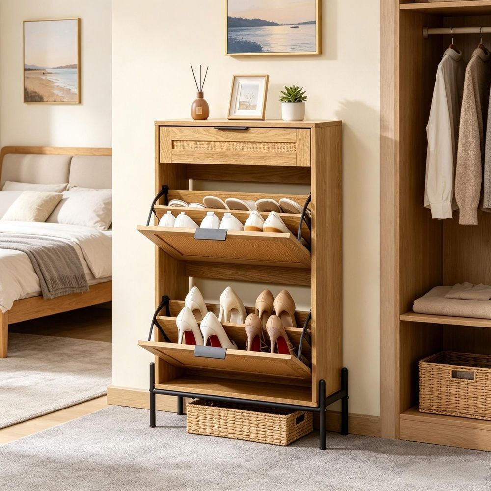 Classic Shoe Storage Cabinet with Space-Saving Flip-Top Drawers