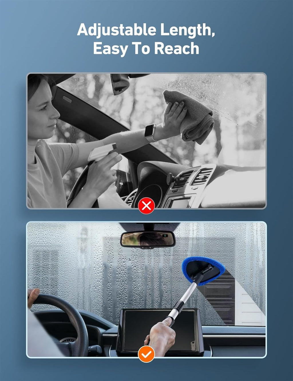 Extendable Car Interior Glass Cleaning Kit with Reusable Pads