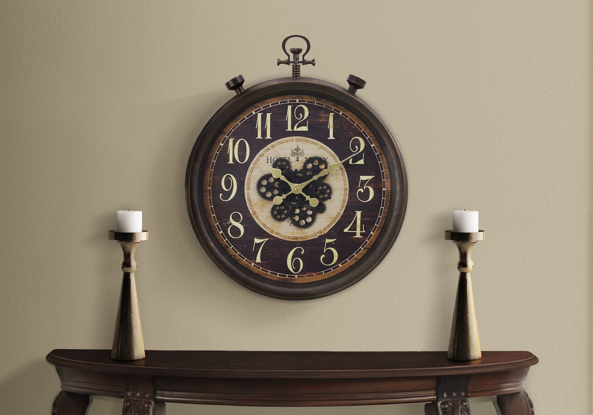 Clocks, Round, Gear Mechanism, Wall Clock, Brown, Traditional