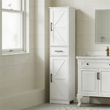 Tall Bathroom Storage Cabinet with Barn Doors and Farmhouse Charm
