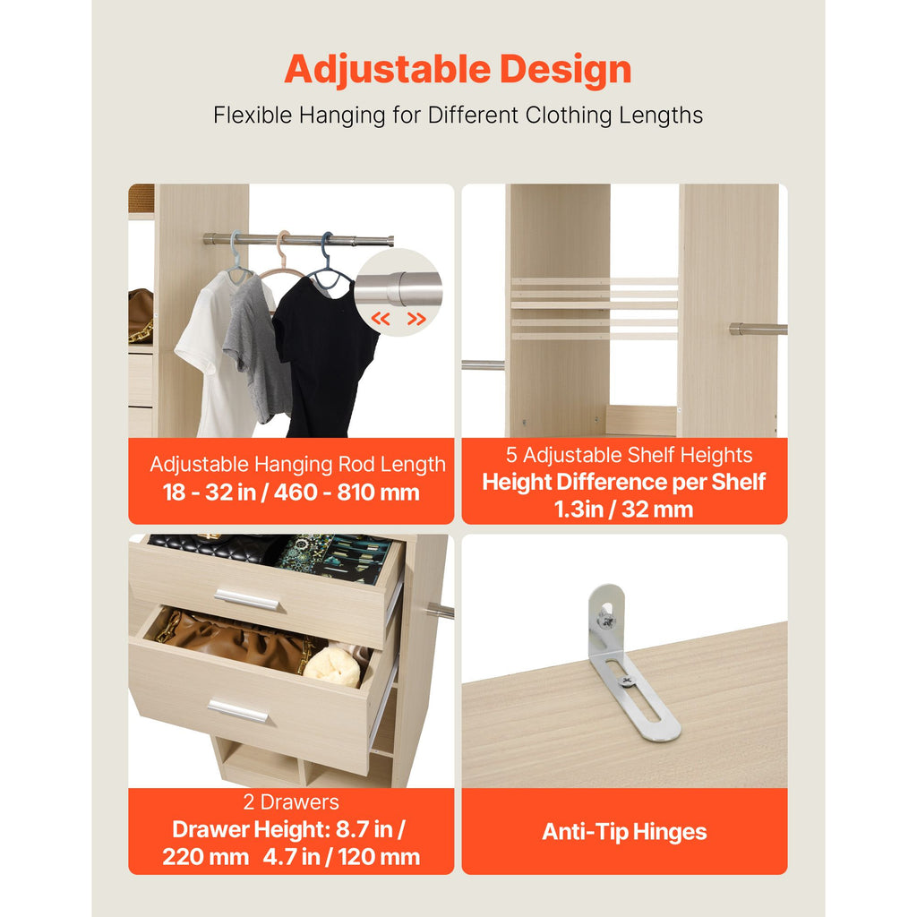 Closet Organizer with Drawers and Adjustable Rods