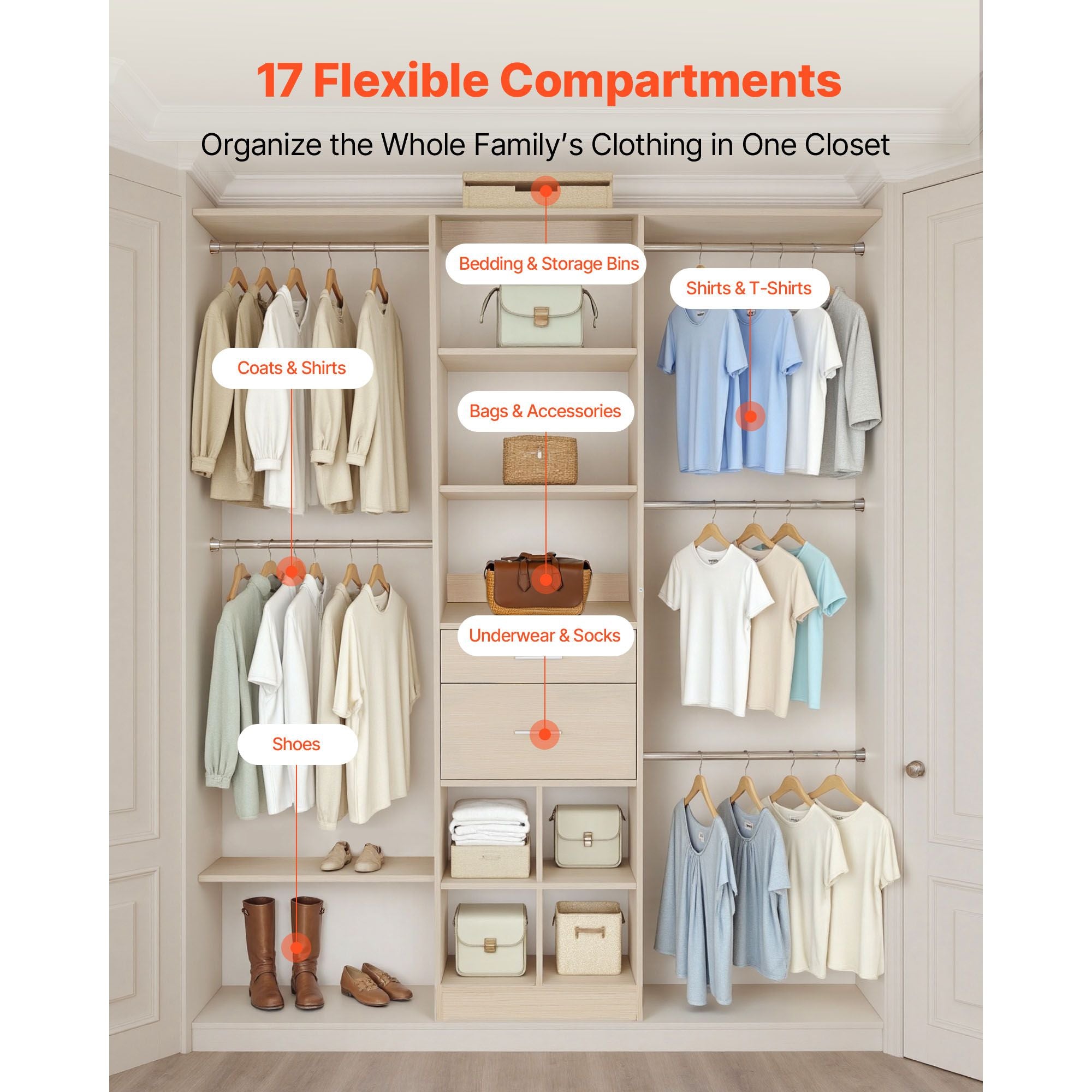Closet Organizer with Drawers and Adjustable Rods