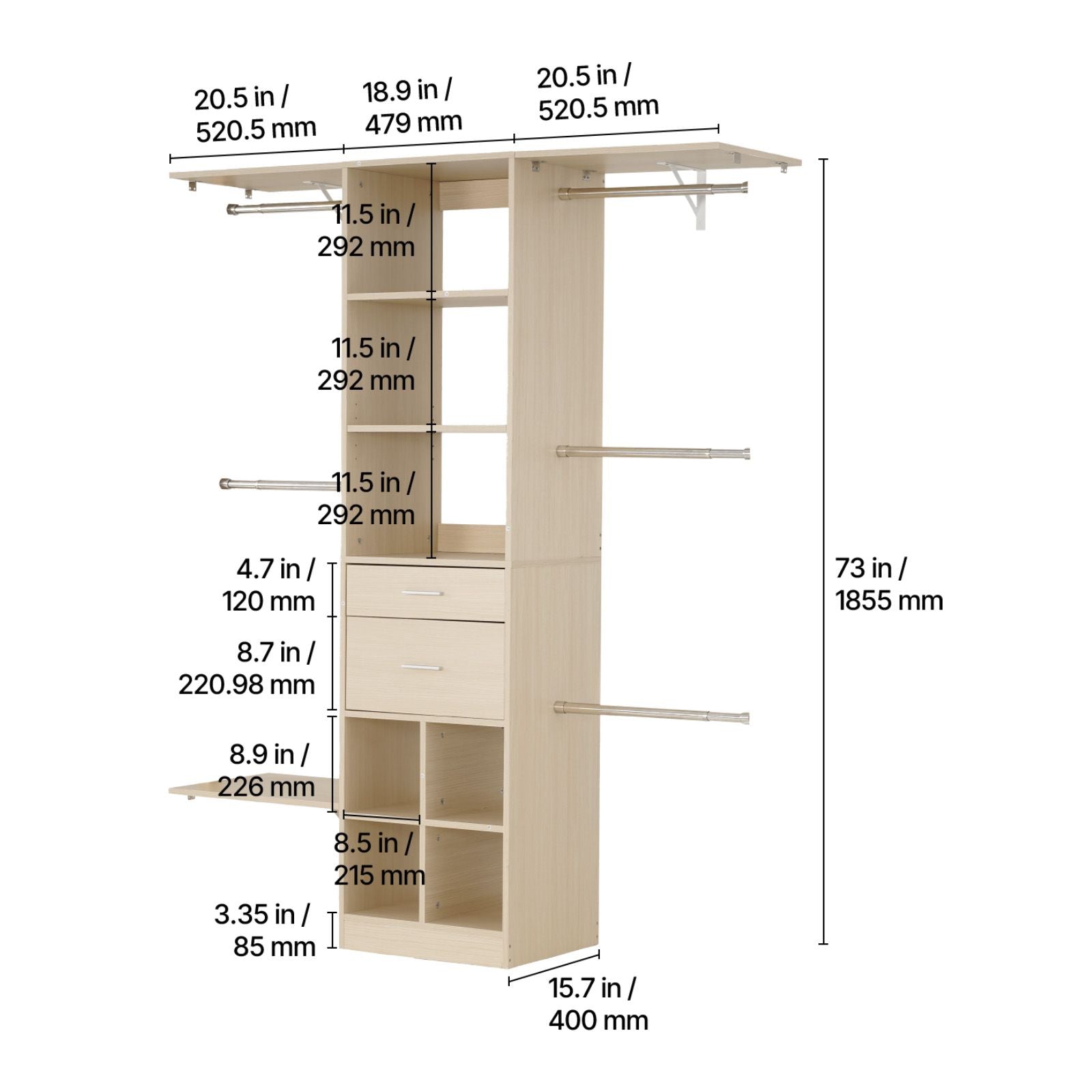 Closet Organizer with Drawers and Adjustable Rods