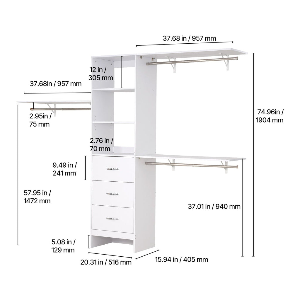 Zoned Closet Organizer with Drawers and Adjustable Rods