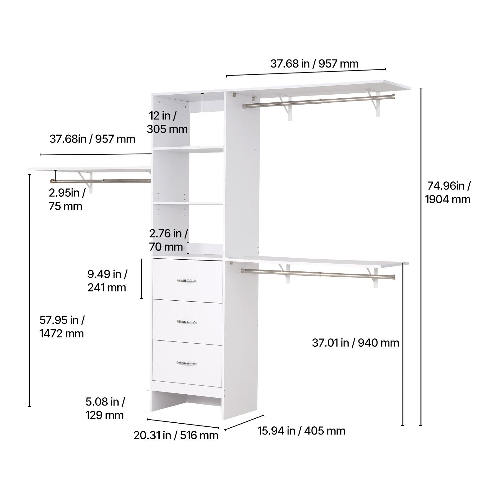 Zoned Closet Organizer with Drawers and Adjustable Rods