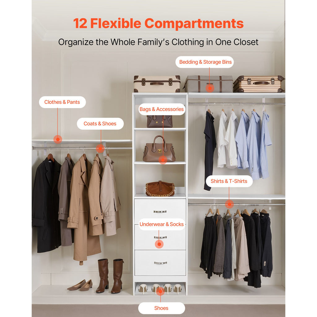 Zoned Closet Organizer with Drawers and Adjustable Rods