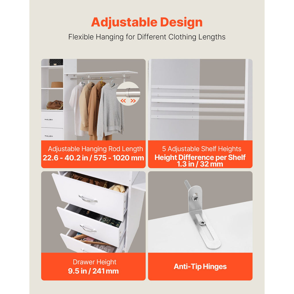 Zoned Closet Organizer with Drawers and Adjustable Rods