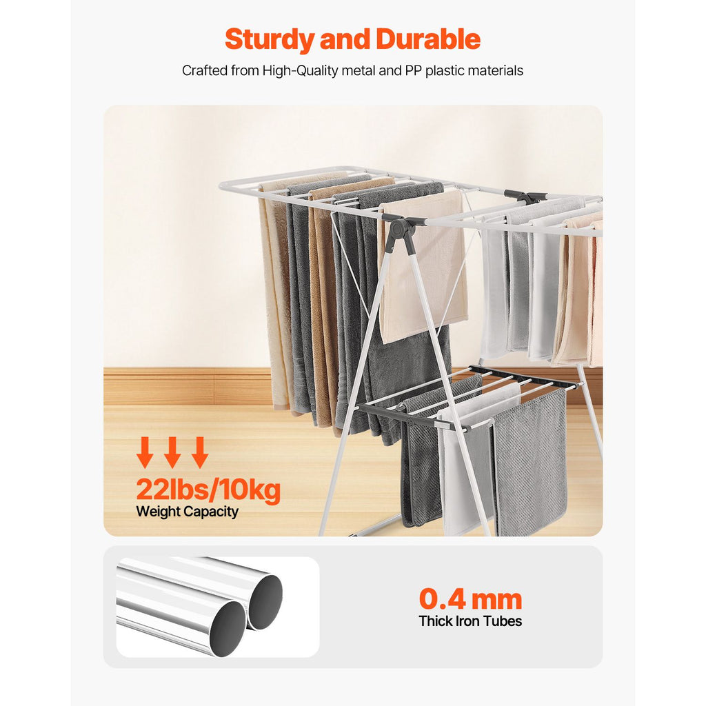 2-Tier Foldable Clothes Drying Rack with 21 Rods & Sock Clips, Adjustable Height