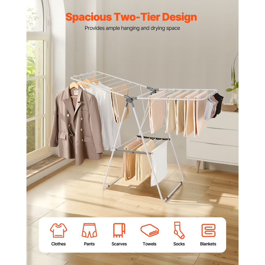 2-Tier Foldable Clothes Drying Rack with 21 Rods & Sock Clips, Adjustable Height