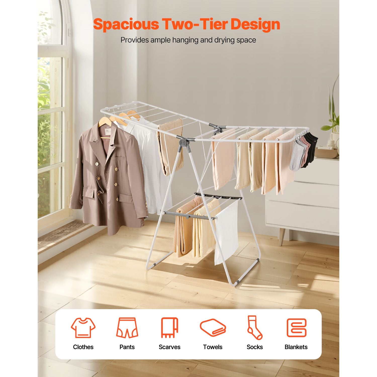 2-Tier Foldable Clothes Drying Rack with 21 Rods & Sock Clips, Adjustable Height