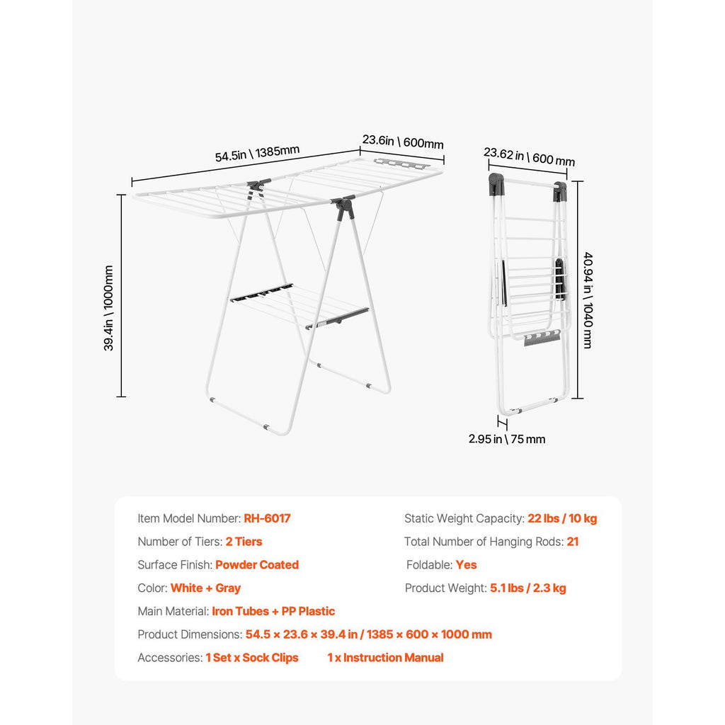 2-Tier Foldable Clothes Drying Rack with 21 Rods & Sock Clips, Adjustable Height