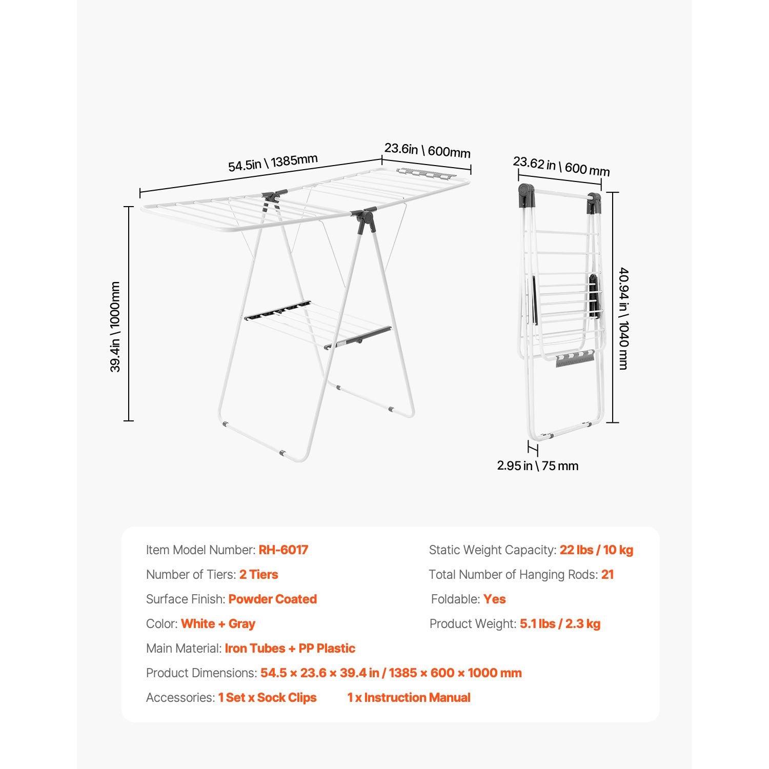 2-Tier Foldable Clothes Drying Rack with 21 Rods & Sock Clips, Adjustable Height