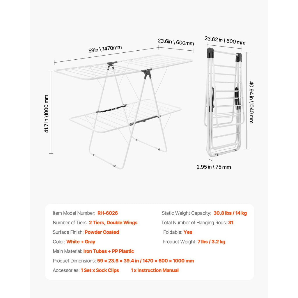 2-Tier Foldable Clothes Drying Rack with 31 Rods & Sock Clips, Adjustable Height
