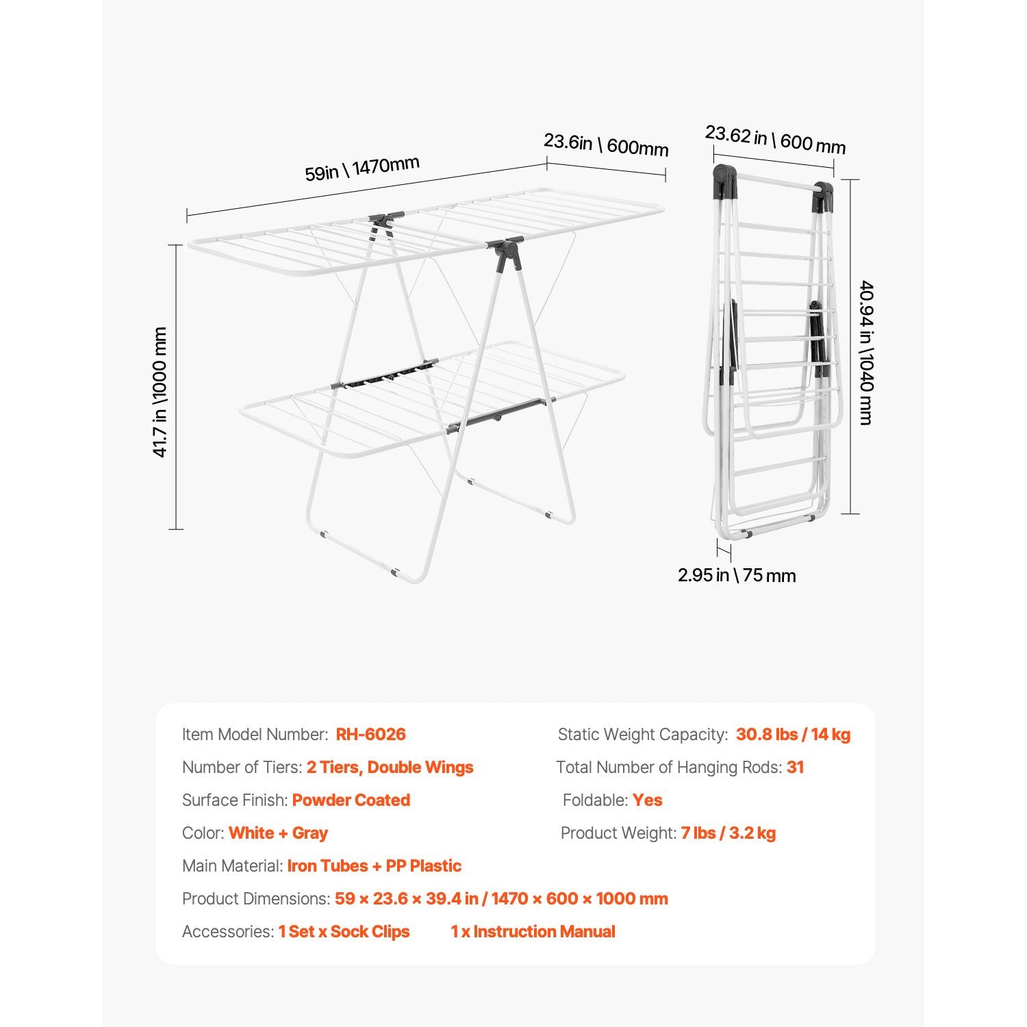 2-Tier Foldable Clothes Drying Rack with 31 Rods & Sock Clips, Adjustable Height