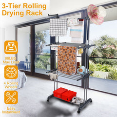 3-Tier Rolling Collapsible Clothes Drying Rack