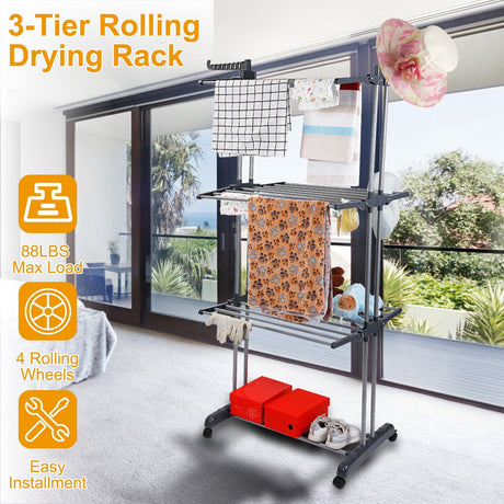 3-Tier Rolling Collapsible Clothes Drying Rack