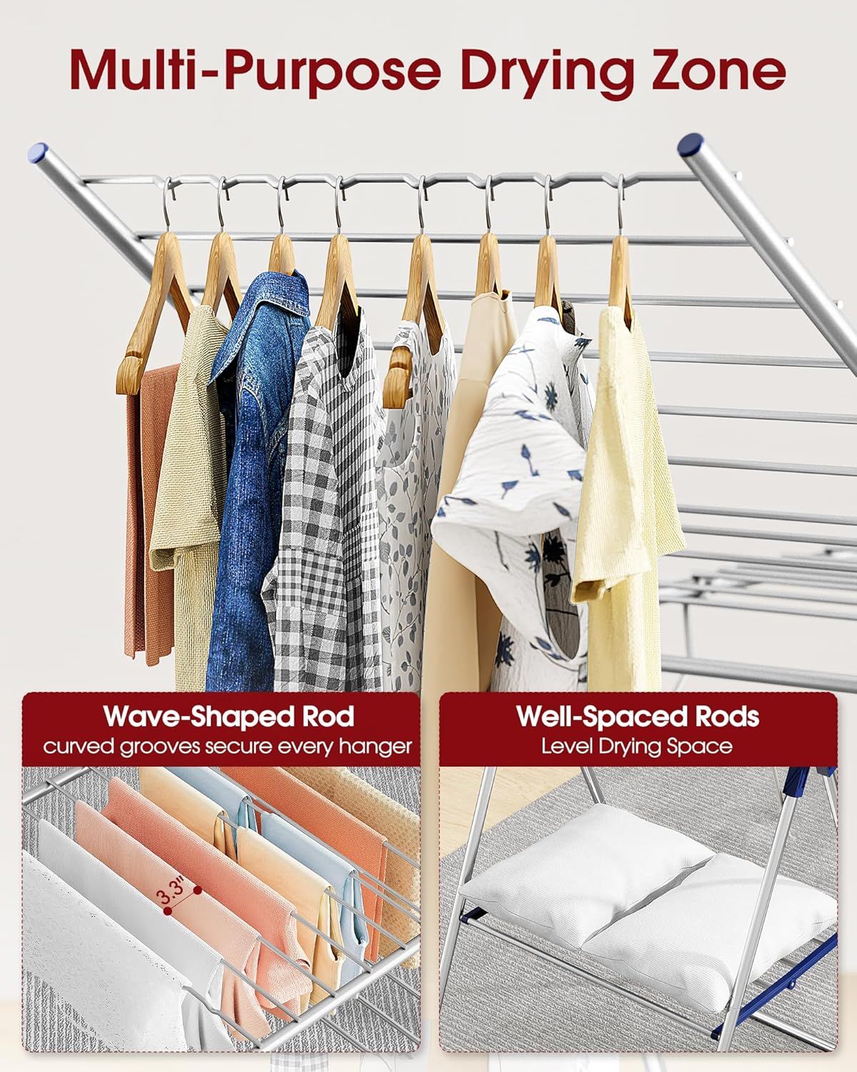 Height-Adjustable Clothes Drying Rack with Foldable Wings – Free-Standing Laundry Dryer for Indoor & Outdoor