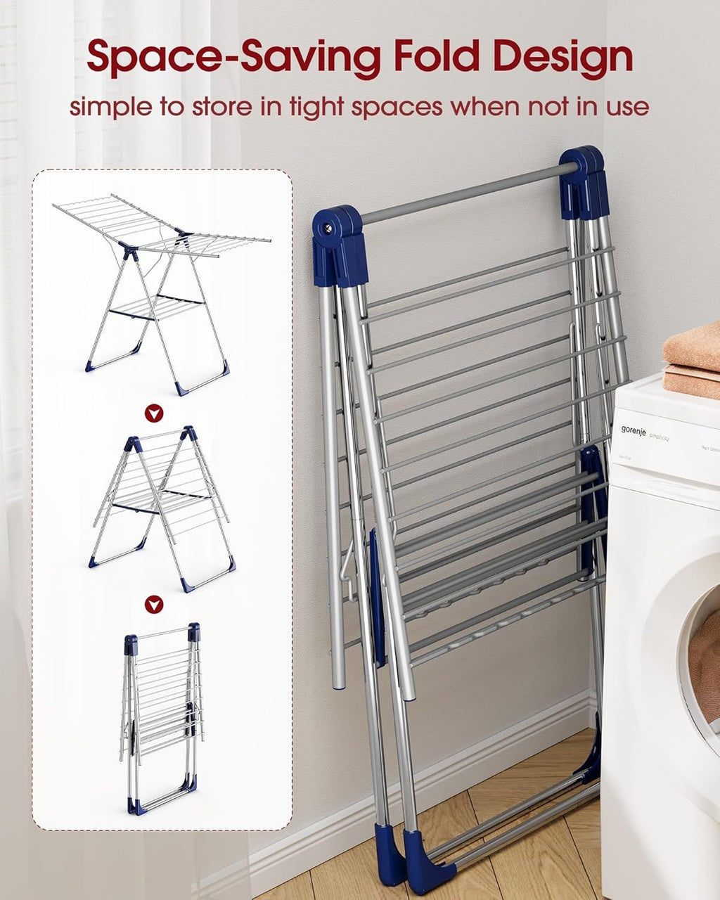 Height-Adjustable Clothes Drying Rack with Foldable Wings – Free-Standing Laundry Dryer for Indoor & Outdoor