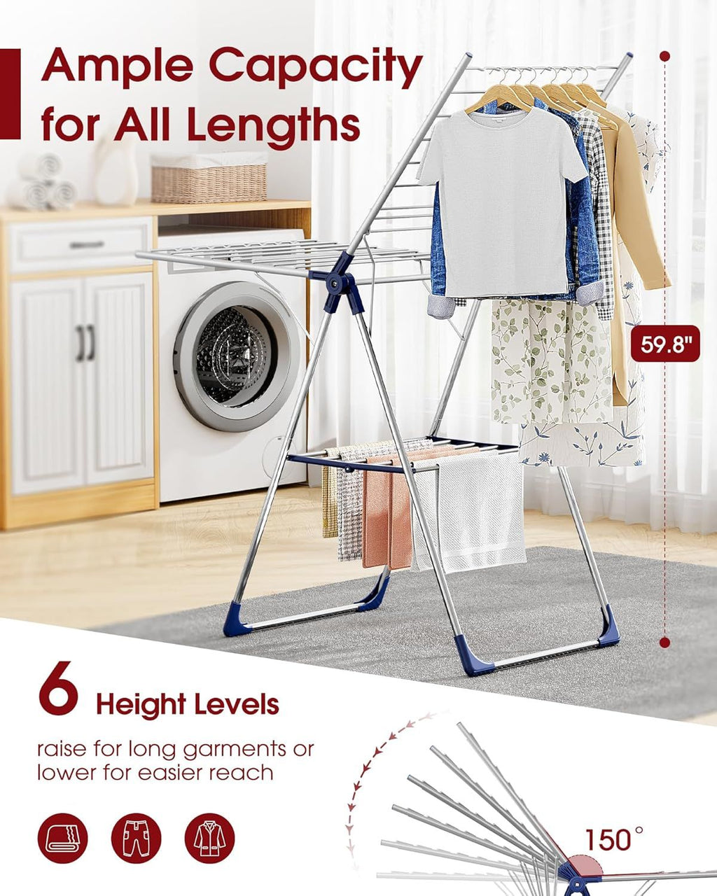 Height-Adjustable Clothes Drying Rack with Foldable Wings – Free-Standing Laundry Dryer for Indoor & Outdoor