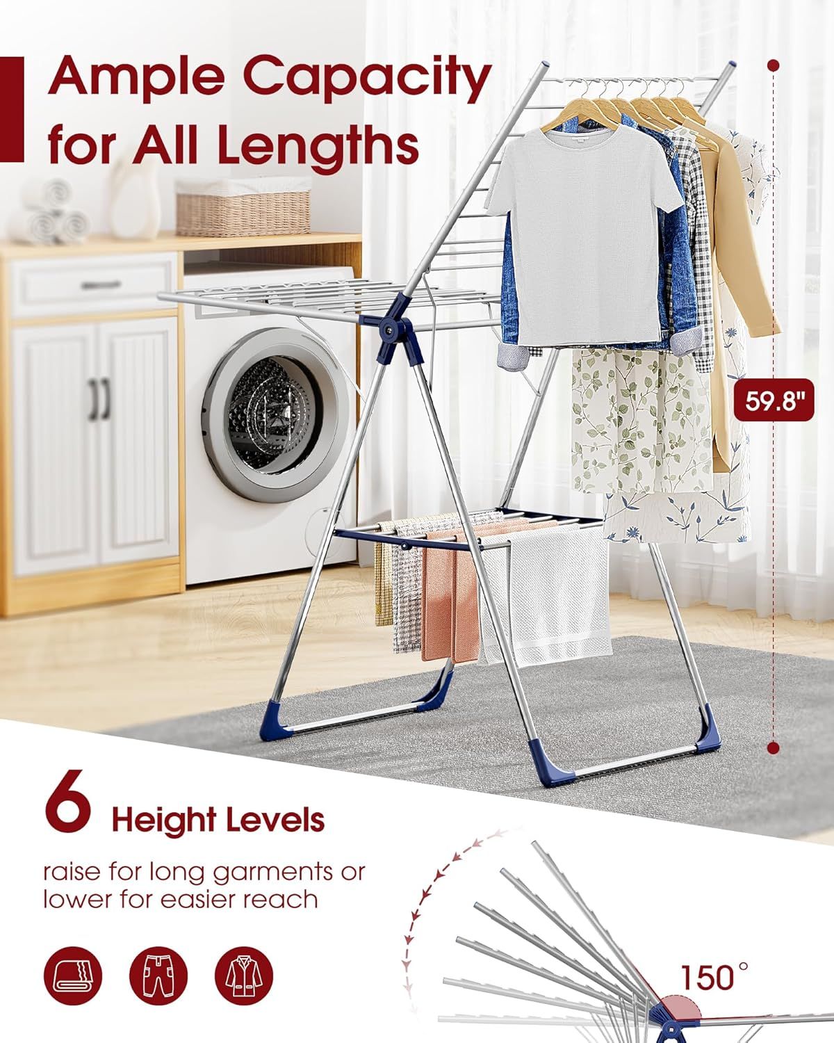 Height-Adjustable Clothes Drying Rack with Foldable Wings – Free-Standing Laundry Dryer for Indoor & Outdoor