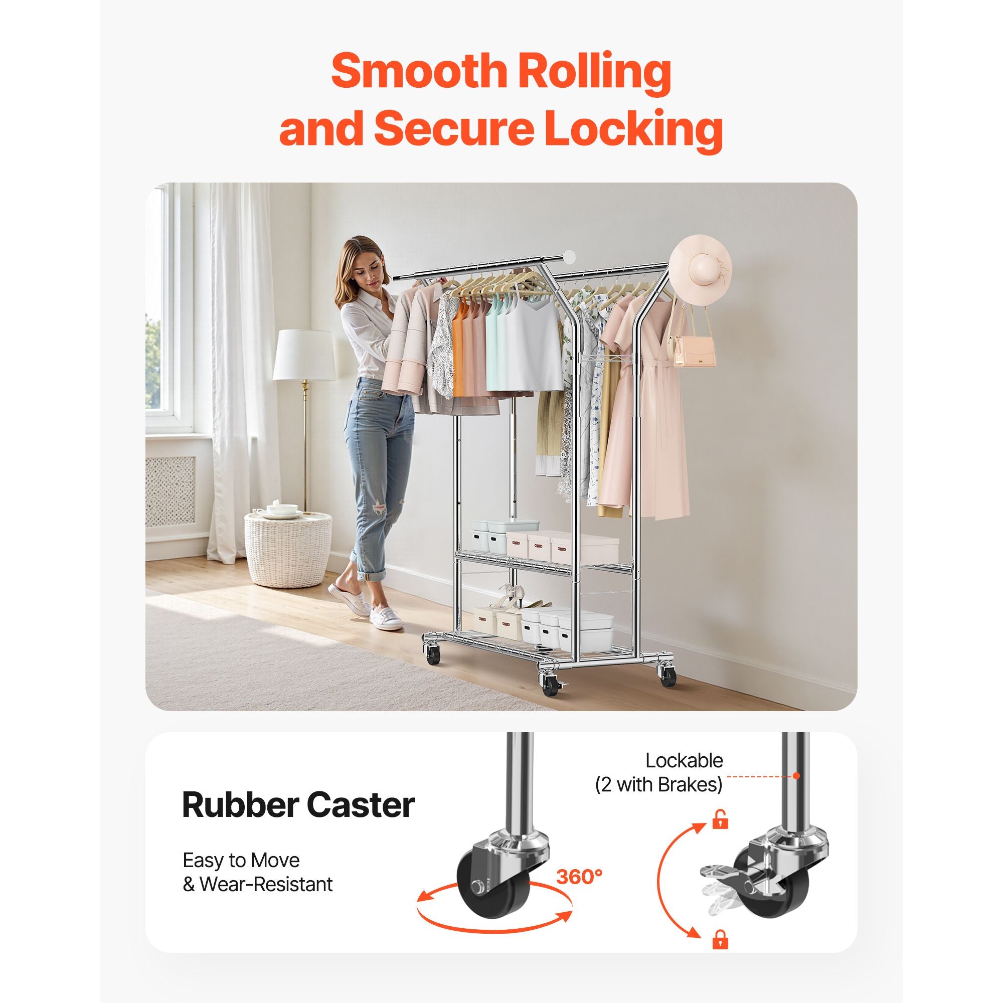 Rolling Clothes Rack with 2 Hanging Rods and Adjustable Height