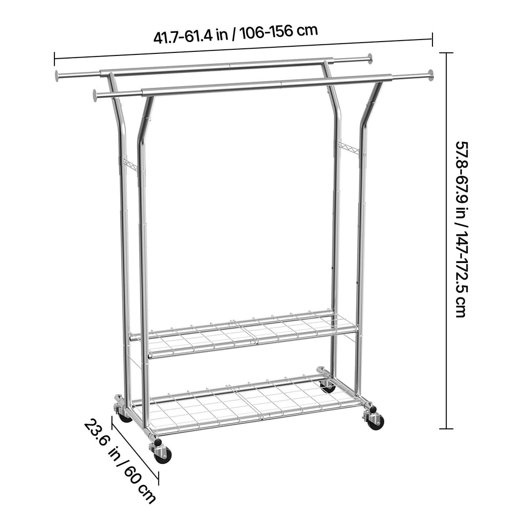 Rolling Clothes Rack with 2 Hanging Rods and Adjustable Height