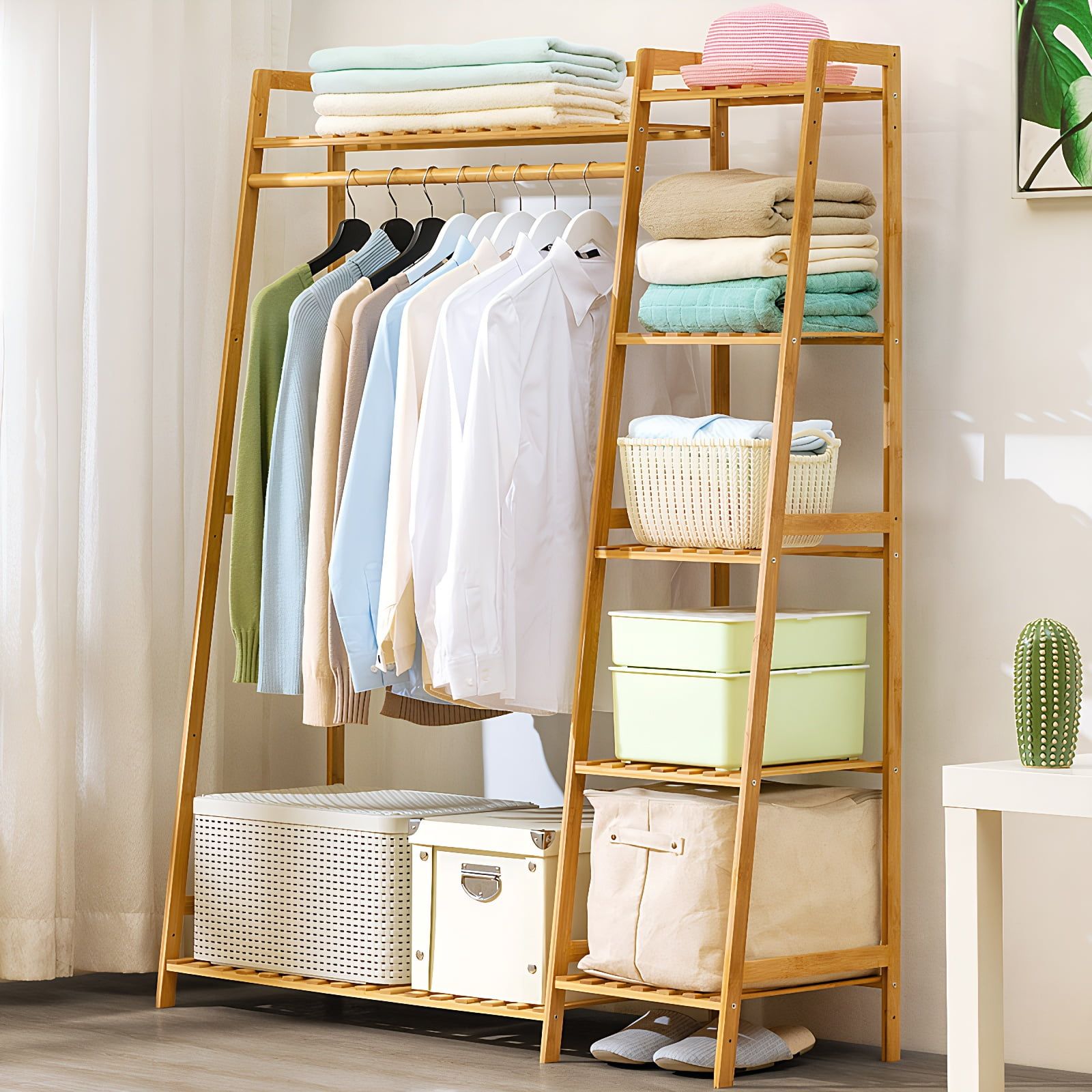 Freestanding Clothing Rack with Integrated Shoe Shelves and Hanging Rod