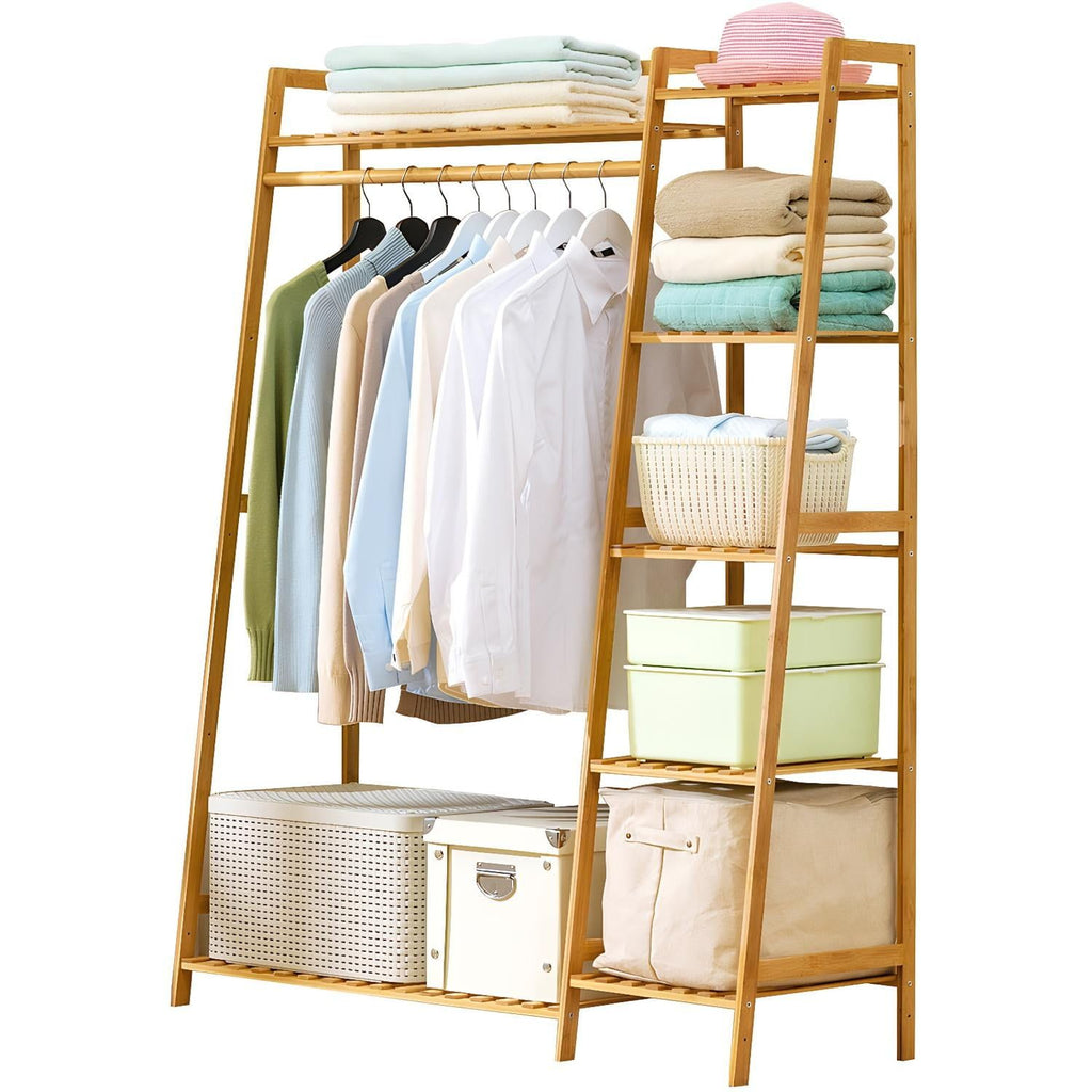 Freestanding Clothing Rack with Integrated Shoe Shelves and Hanging Rod