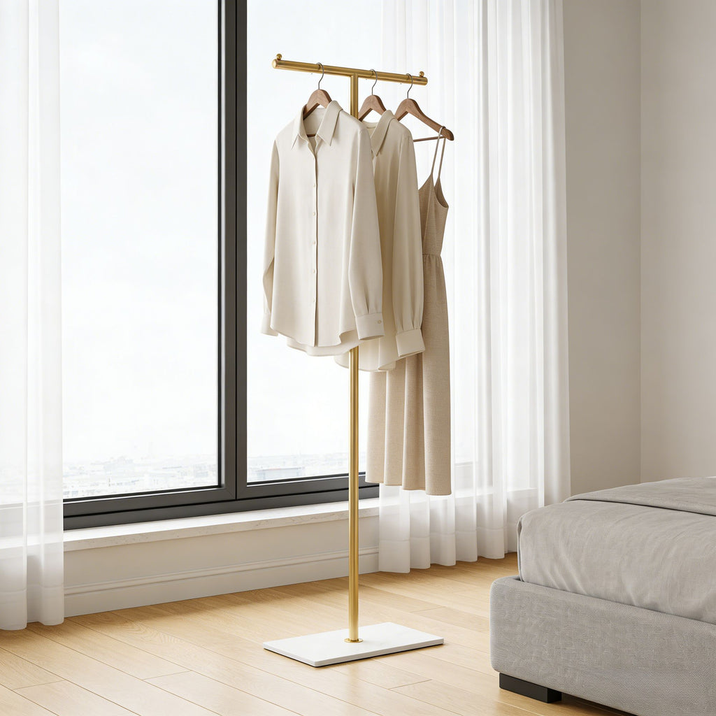 Golden Metal Freestanding practical Clothing Rack with Marble Base