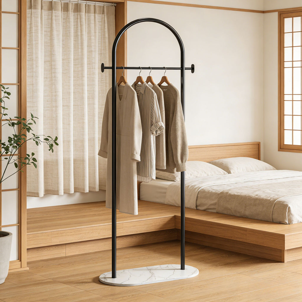 Gold Metal Freestanding Clothes Rack with Shelf & Side Hooks
