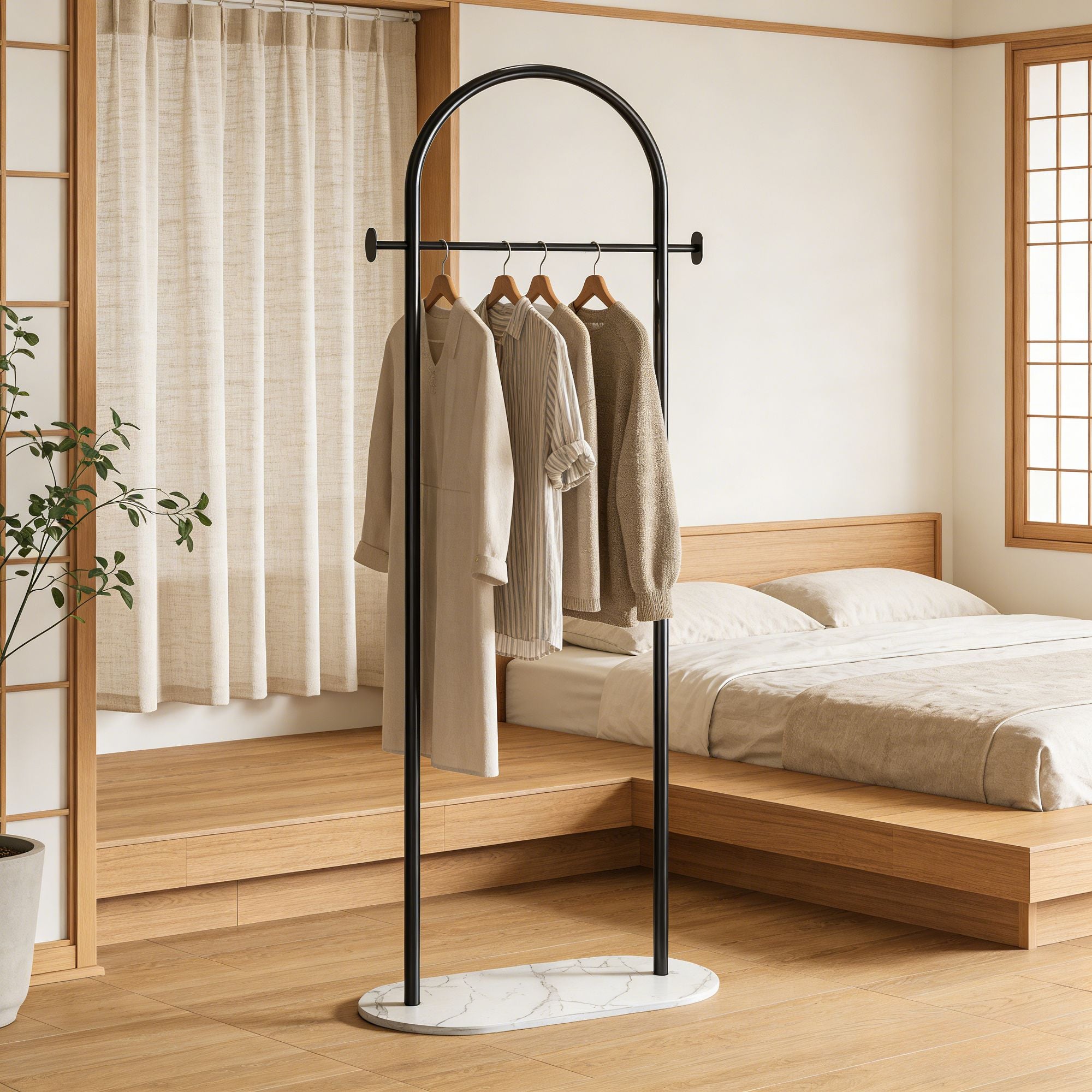 Gold Metal Freestanding Clothes Rack with Shelf & Side Hooks