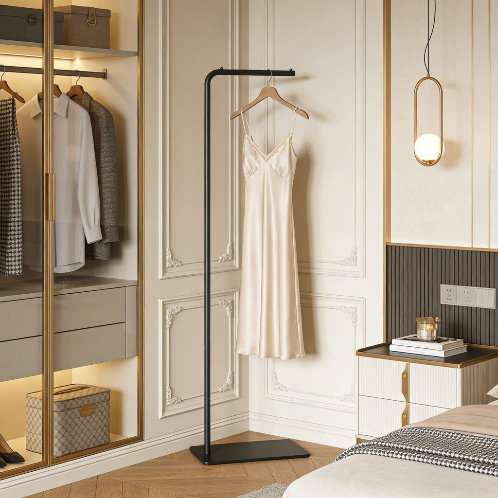 Gold Freestanding Clothes Rack with Shelf and Hooks