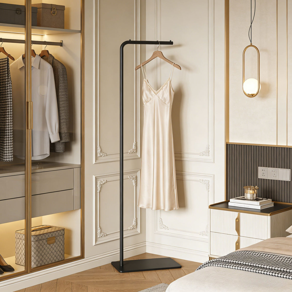 Gold Freestanding Clothes Rack with Shelf and Hooks