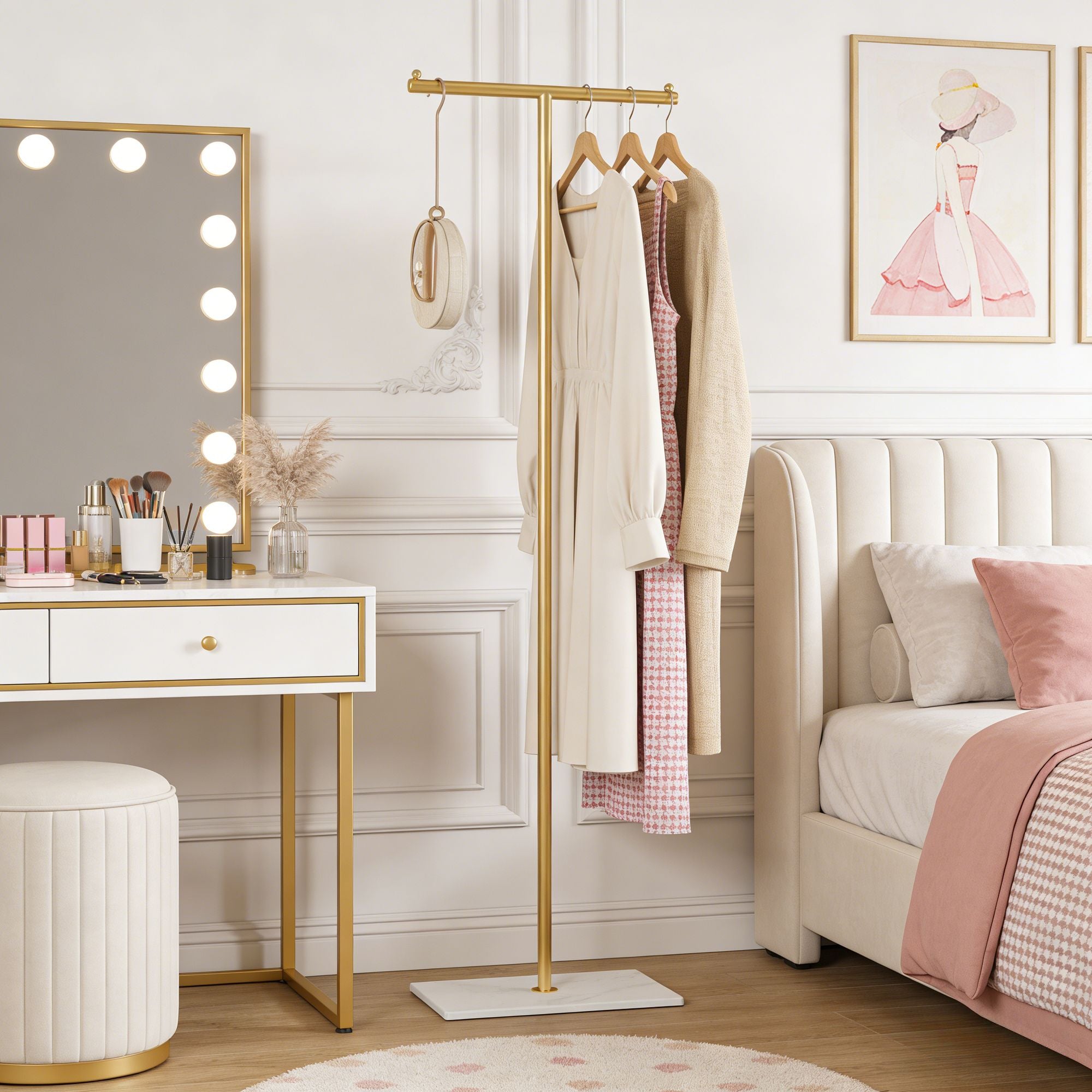 Golden Metal Freestanding practical Clothing Rack with Marble Base
