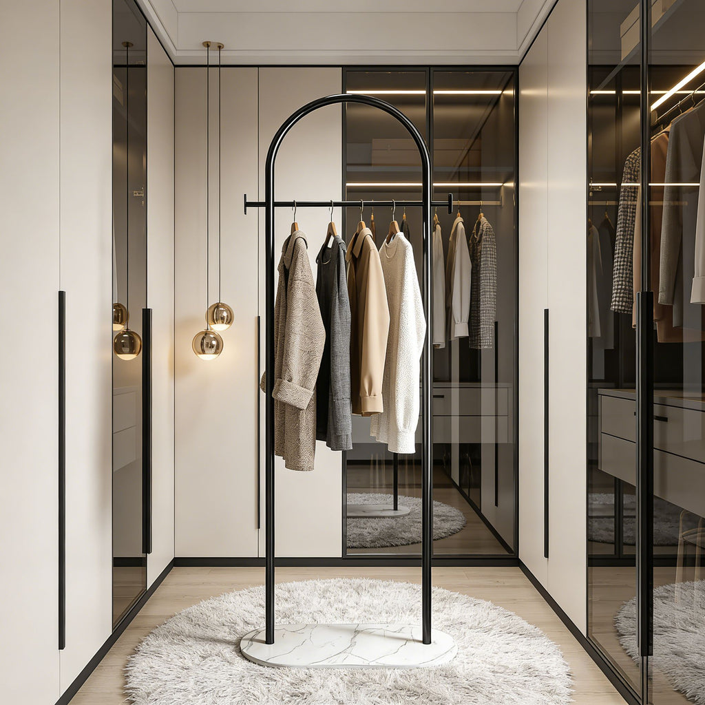 Gold Metal Freestanding Clothes Rack with Shelf & Side Hooks