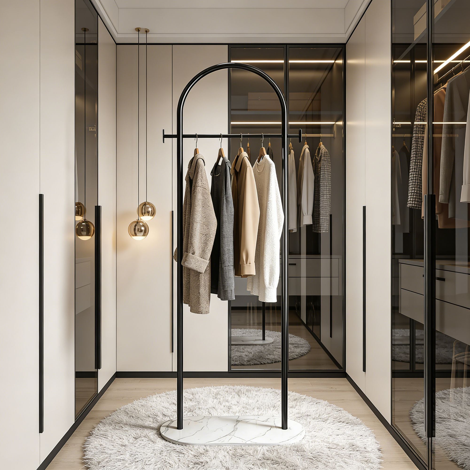 Gold Metal Freestanding Clothes Rack with Shelf & Side Hooks