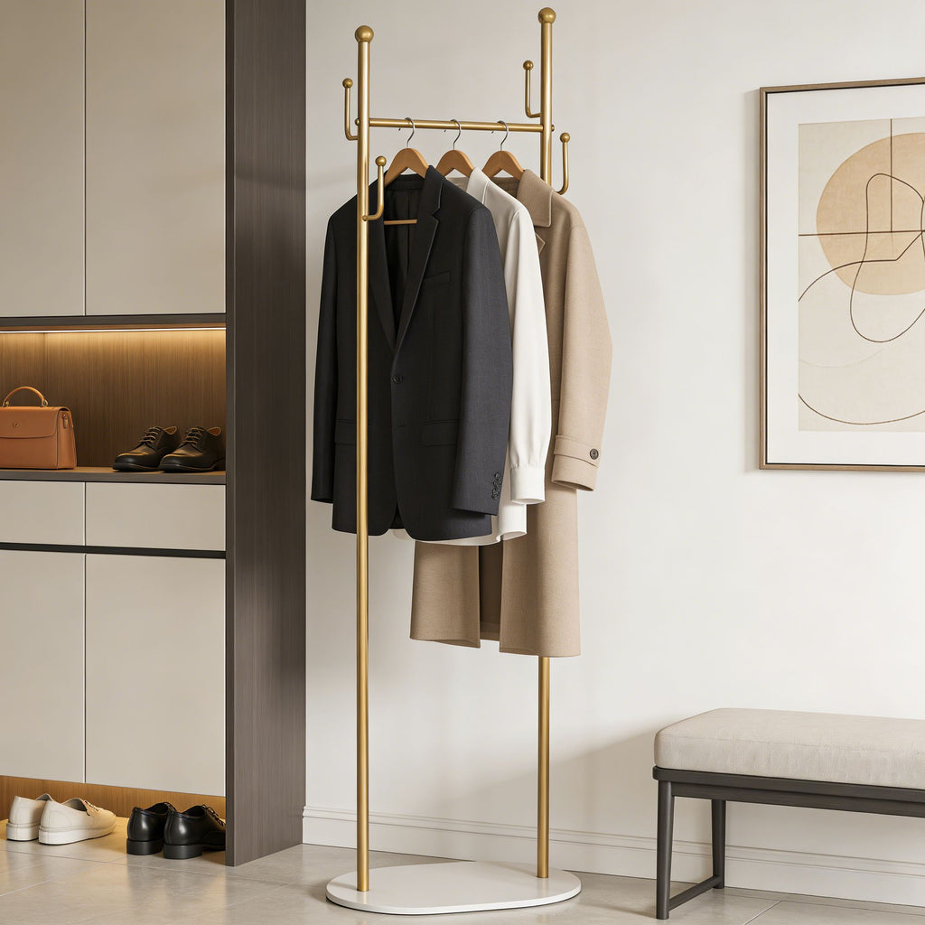 Sturdy Gold Metal Coat Rack with White Shelf and Hooks