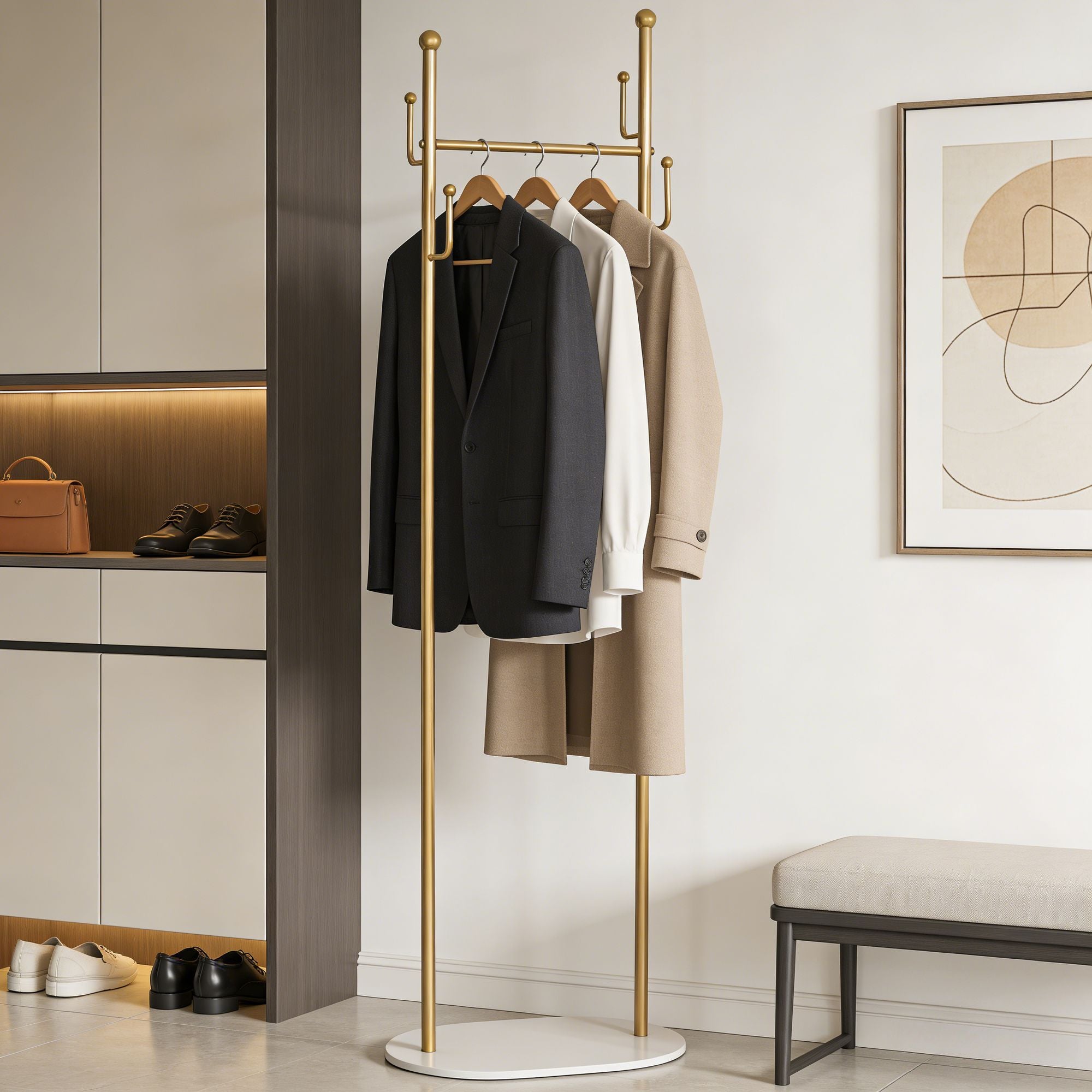 Sturdy Gold Metal Coat Rack with White Shelf and Hooks