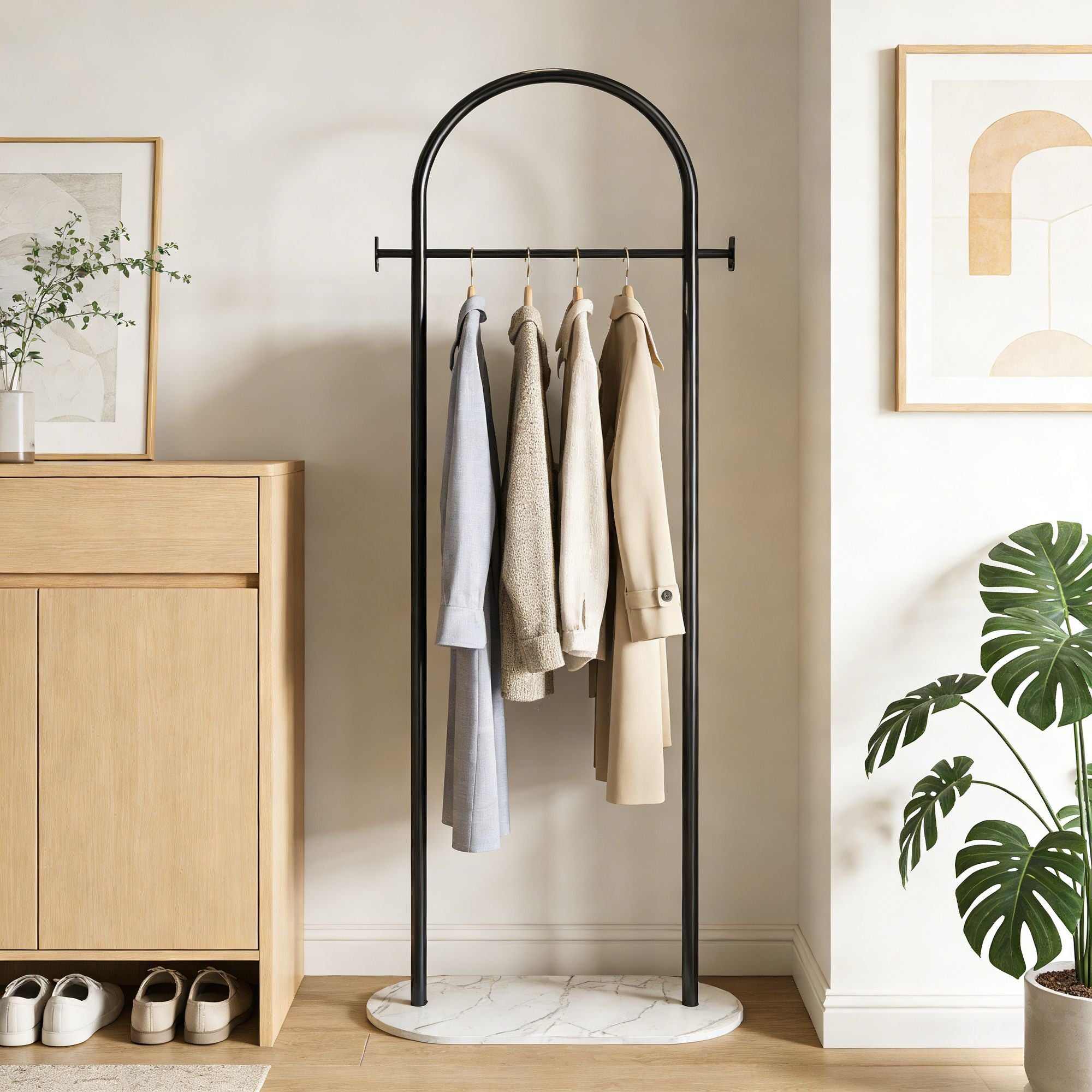 Gold Metal Freestanding Clothes Rack with Shelf & Side Hooks