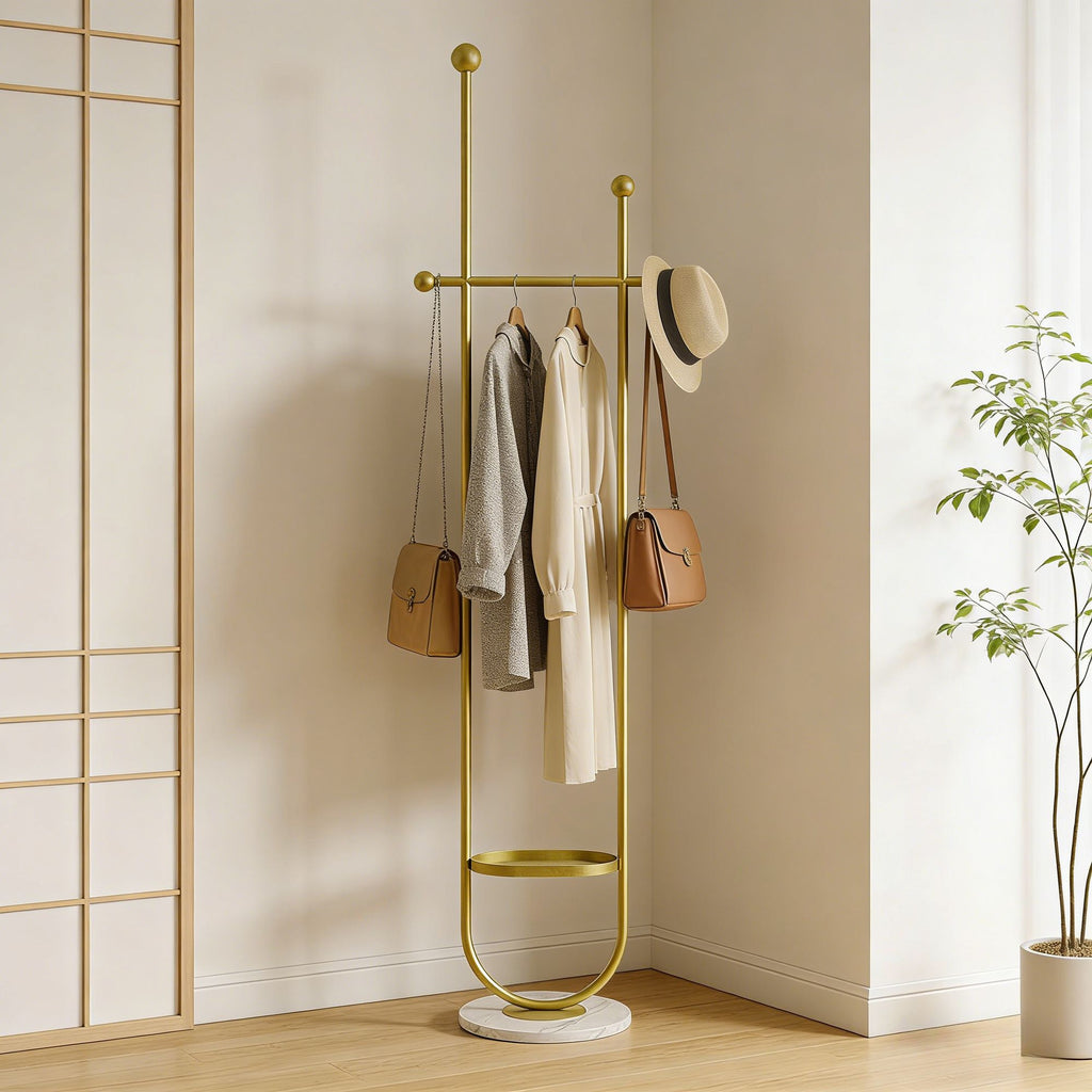 Gold Metal Freestanding Coat Rack with White Shelf – Sturdy & Space-Saving