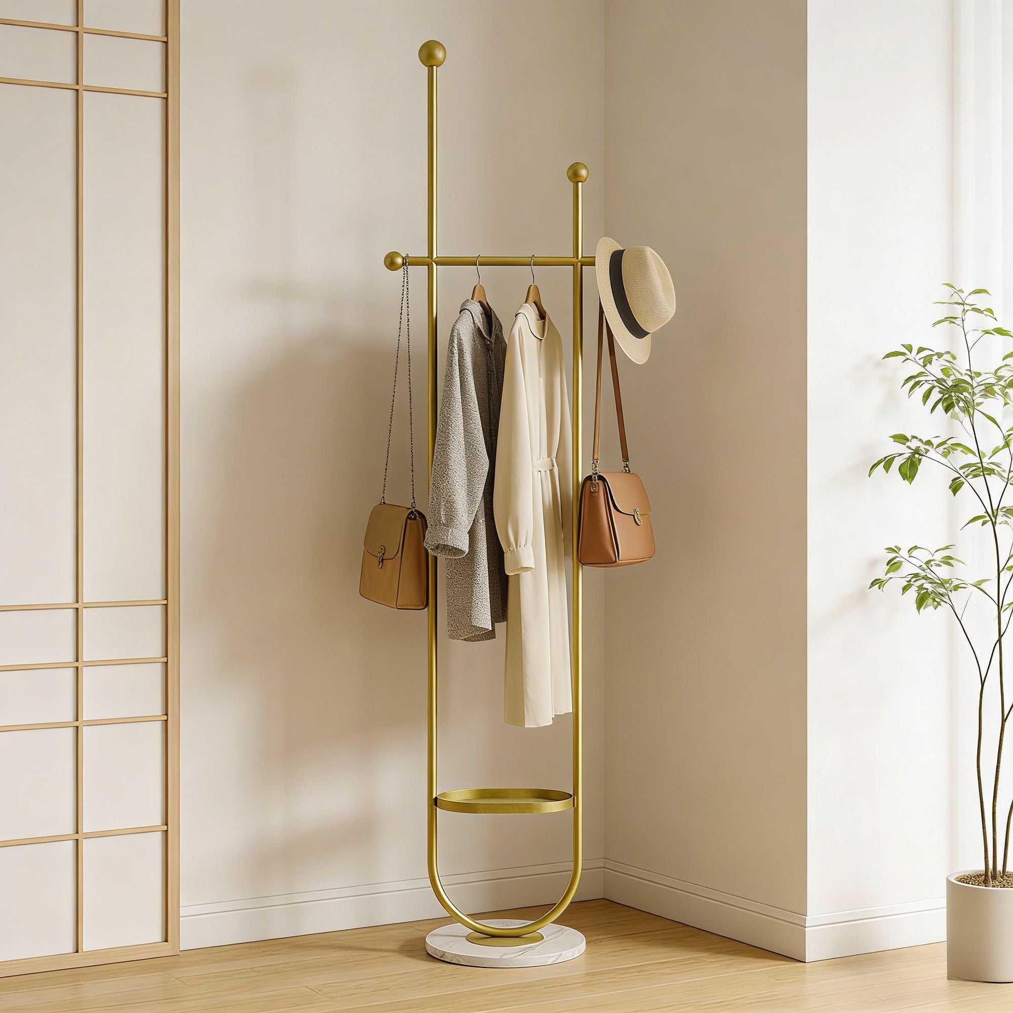 Gold Metal Freestanding Coat Rack with White Shelf – Sturdy & Space-Saving