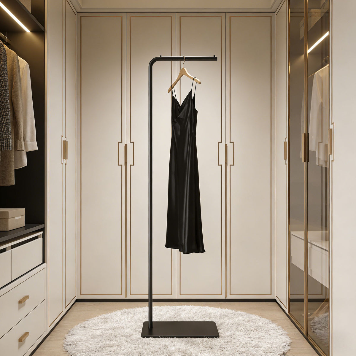 Gold Freestanding Clothes Rack with Shelf and Hooks