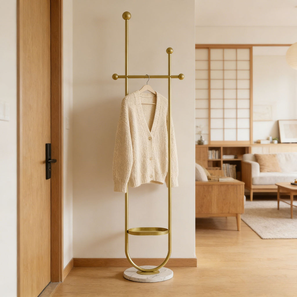 Gold Metal Freestanding Coat Rack with White Shelf – Sturdy & Space-Saving