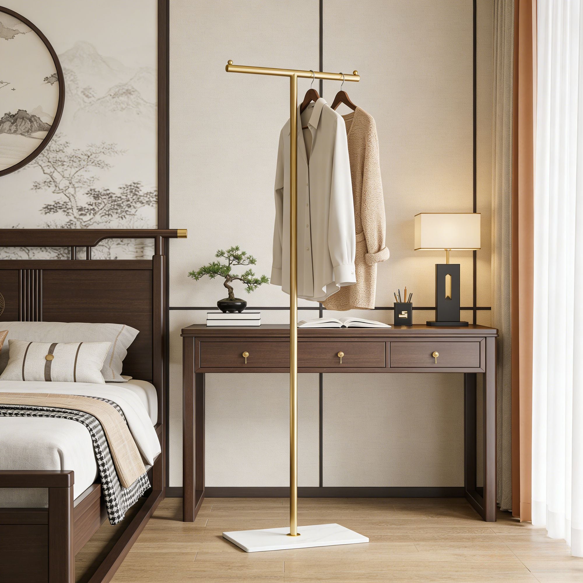 Golden Metal Freestanding practical Clothing Rack with Marble Base
