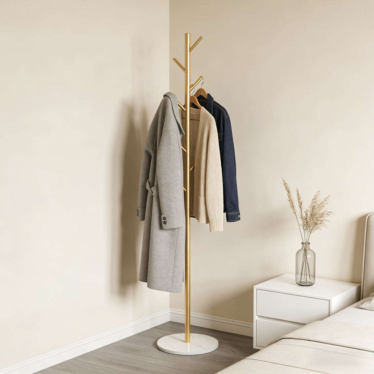 Sturdy Gold Metal Coat Rack with White Shelf for Entryway and Bedroom