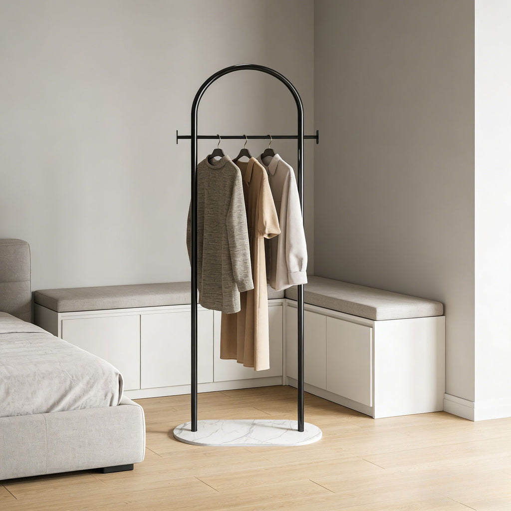 Gold Metal Freestanding Clothes Rack with Shelf & Side Hooks